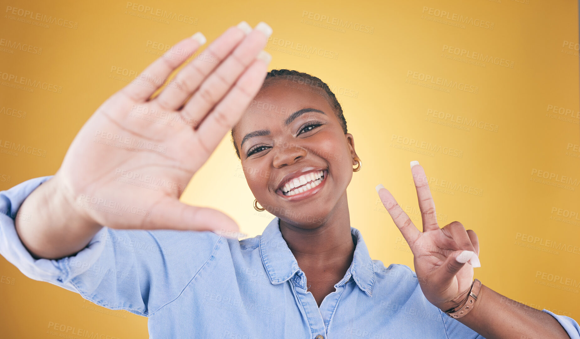 Buy stock photo Selfie, peace sign and smile with portrait of black woman in studio for motivation, social media and influencer. Happy, freedom and profile picture with face of person on yellow background for post
