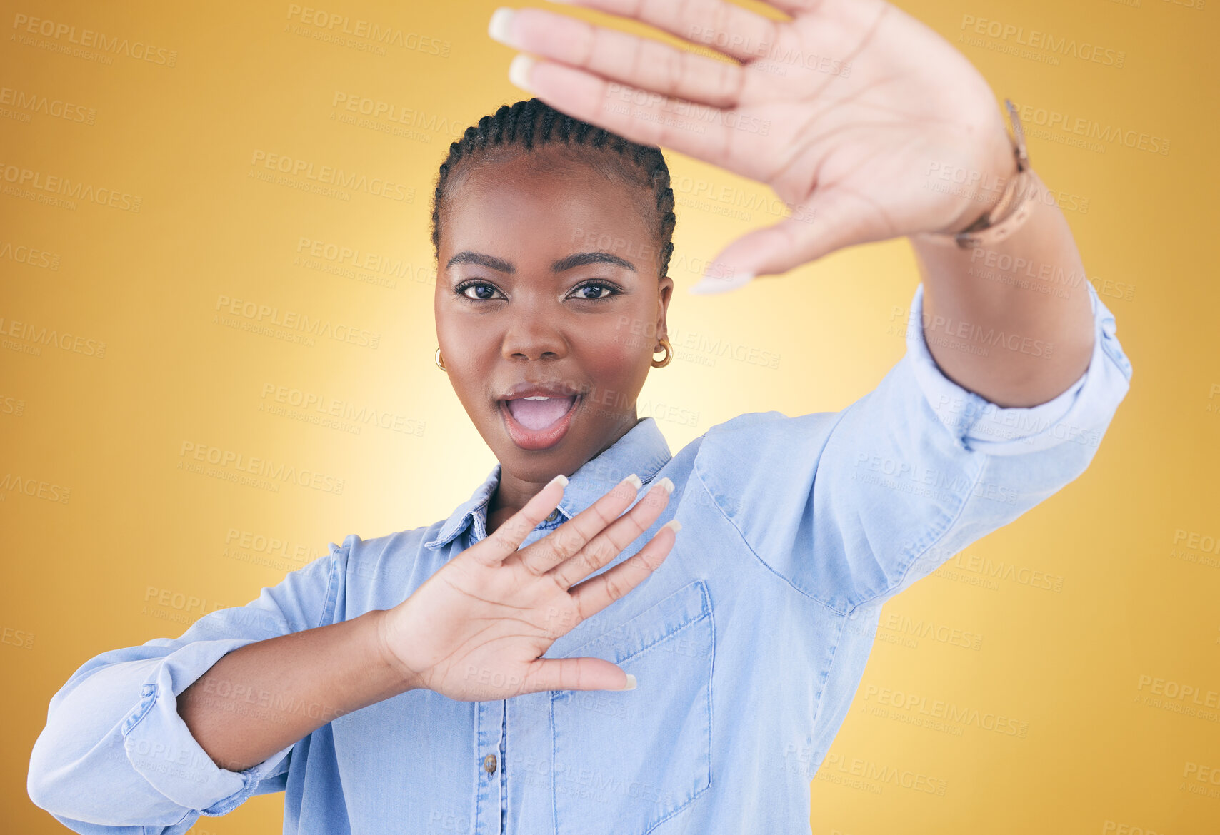 Buy stock photo Fashion, hands frame and portrait of black woman in studio for confident, style or beauty. Photography, perspective and face of African person on yellow background in cosmetics, makeup and creativity