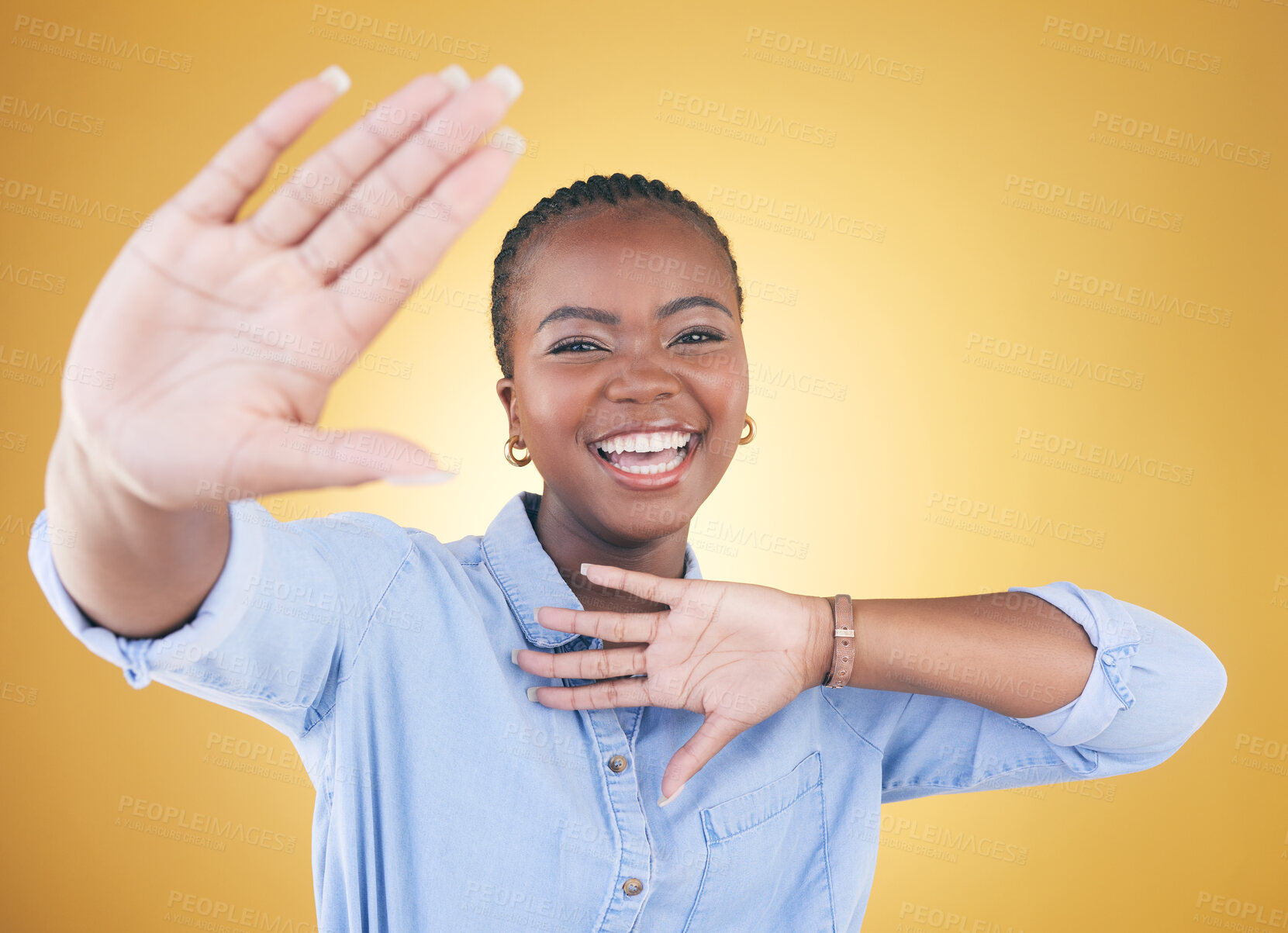 Buy stock photo Hands, frame and portrait of black woman on yellow background for confidence, creativity and beauty. Photography, perspective and face of African person with cosmetics, makeup and glamour in studio