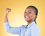 Portrait, strong and black woman flex for power, achievement and challenge on a yellow studio background. Face, happy person and model with strength, arm muscle and success with confidence or winning