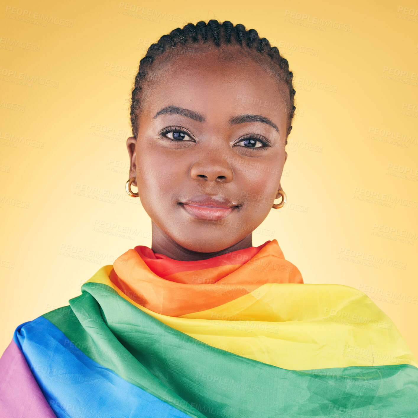 Buy stock photo Black woman, portrait, pride flag and lgbtq with lesbian, freedom and support isolated on yellow studio background. Queer movement, community and rainbow, inclusion and transgender with advocate