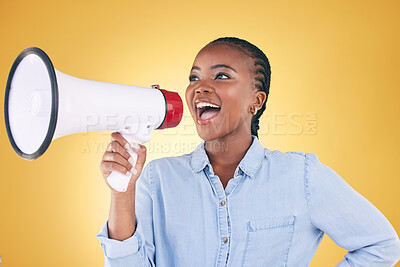Buy stock photo African woman, megaphone and shout in studio with speech, ideas and thinking by yellow background. Girl, student and activist with loudspeaker for voice, sound and call for justice, protest or rally