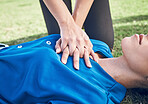 CPR, lung press and woman hands on field for sport, fitness and game with accident and emergency. Training, paramedic and medical help for breathe from injury with first aid and athlete outdoor