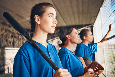 Buy stock photo Women, team and softball, sports and game with fitness, professional and athlete group together. Mission. confidence and support, trust and exercise, people ready to play baseball and club in dugout