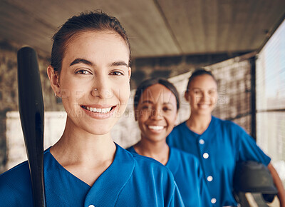 Buy stock photo Women, team and softball, sports and portrait with fitness, professional and athlete group together. Mission, happy and support, trust and exercise, people ready to play baseball and club in dugout