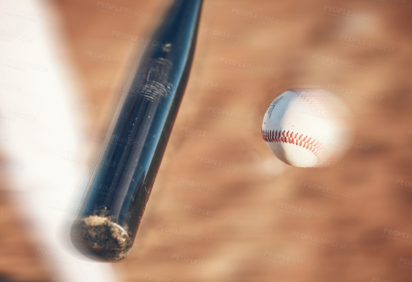 Buy stock photo Softball, hit and closeup of field for training, sports and fitness, competition or outdoor exercise. Blur, ball and bat on a baseball background with power strike in action, speed or performance