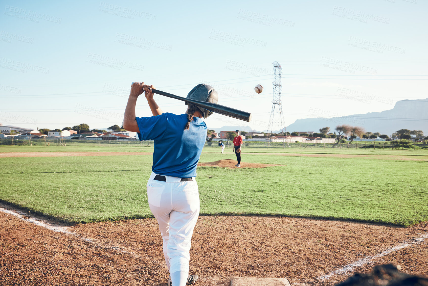 Buy stock photo Baseball, bat and person swing at ball outdoor on a pitch for sports, performance and competition. Behind athlete or softball player ready for game, training or exercise challenge at field or stadium