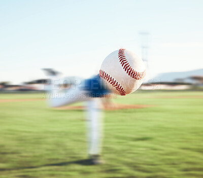 Baseball, ball and person pitching outdoor on a sports pitch for performance and competition. Professional athlete or softball player throw for a game, training or exercise challenge on a field