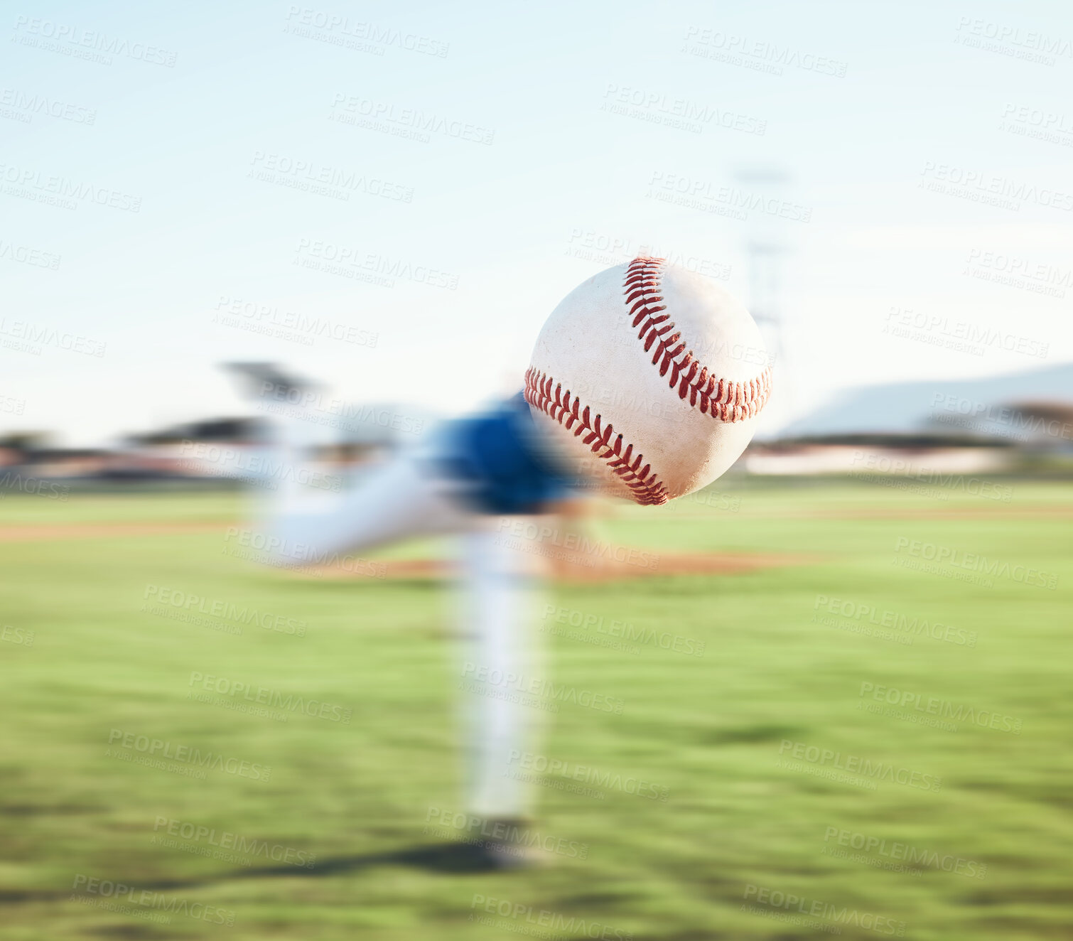 Buy stock photo Baseball, ball and closeup of person pitching outdoor on a sports pitch for performance and competition. Professional athlete or softball player throw for a game, training or challenge on a field