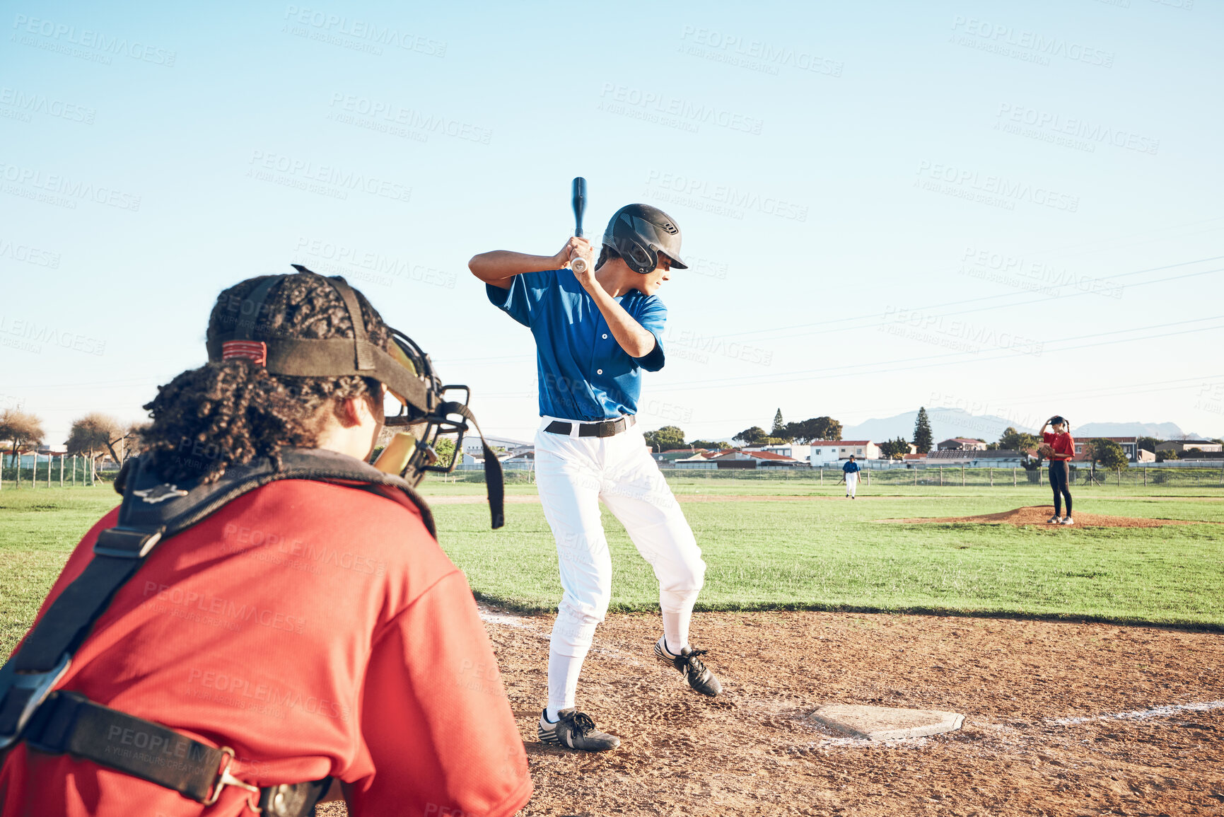 Buy stock photo Bat, baseball and person swing at ball outdoor on a pitch for sports, performance and competition. Behind athlete or softball team ready for a game, training or exercise challenge at field or stadium