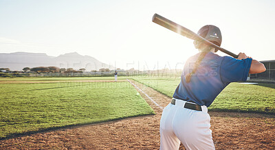 Buy stock photo Bat, baseball and person swing outdoor on a pitch for sports, performance and competition. Behind professional athlete or softball player for game, training or exercise challenge with stadium banner