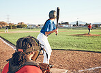 Baseball player, bat and outdoor on a pitch for sports, performance and competition. Professional athlete or softball people ready for a game, training or exercise challenge at field or stadium