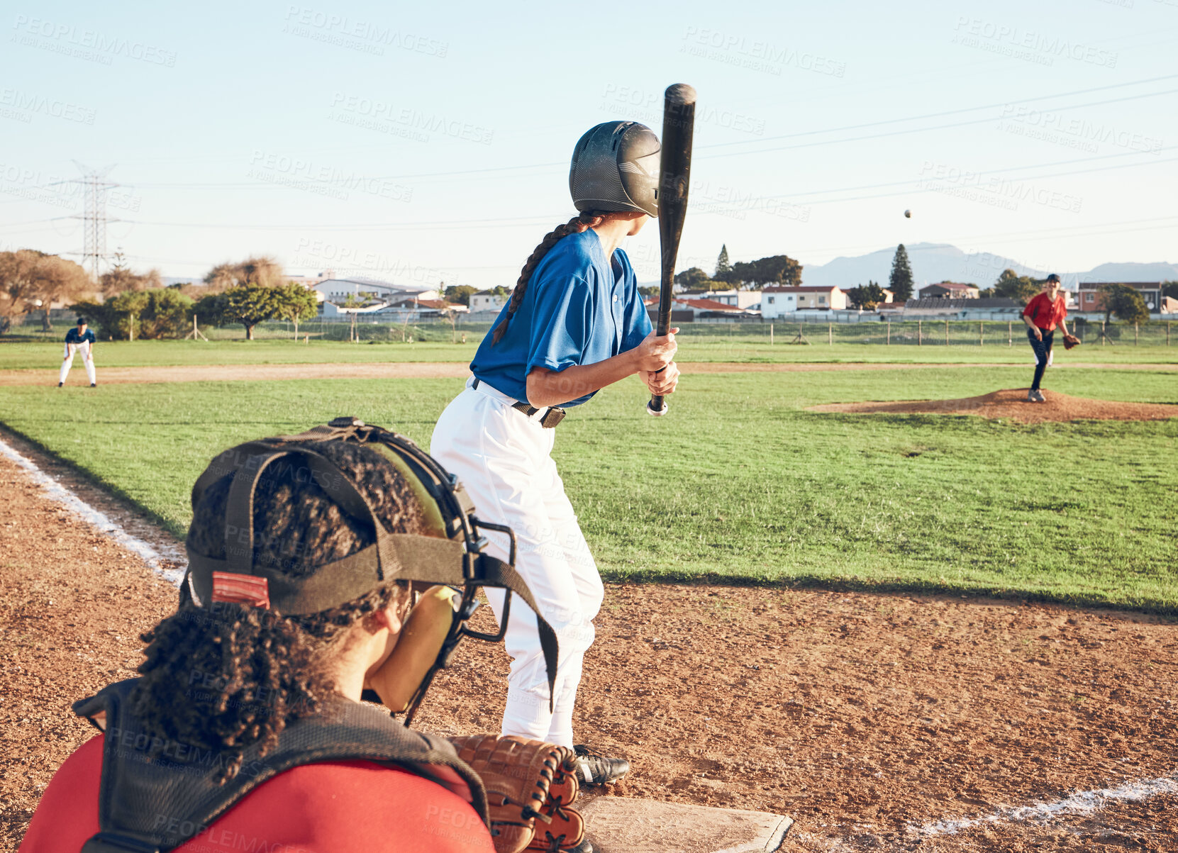 Buy stock photo Baseball player, bat and outdoor on a pitch for sports, performance and competition. Professional athlete or softball people ready for a game, training or exercise challenge at field or stadium