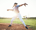 Pitching a ball, baseball and person outdoor on a pitch for sports, performance and competition. Professional athlete or softball player for a game, training or exercise challenge at field or stadium