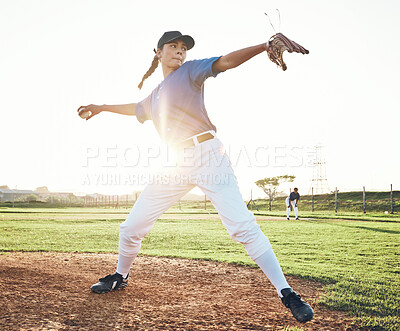 Pitching a ball, baseball and person outdoor on a pitch for sports, performance and competition. Professional athlete or softball player for a game, training or exercise challenge at field or stadium