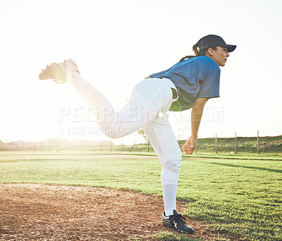 Buy stock photo Baseball, pitching and sports person outdoor on a pitch for performance and competition. Professional athlete or softball player for a game, training or exercise challenge at field or stadium