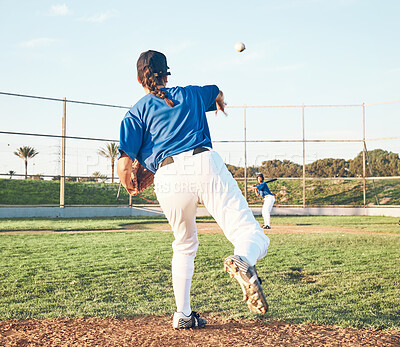 Baseball, pitching and a sports person outdoor on a pitch for performance or competition. Behind professional athlete or softball player with fitness, ball and throw for game, training or exercise