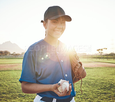 Baseball, ball and portrait of a woman outdoor on a pitch for sports, performance and competition. Professional athlete or softball player with smile, fitness and ready for game, training or exercise