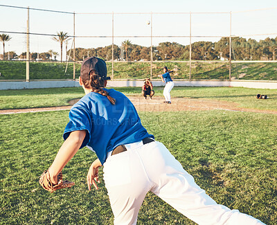 Buy stock photo Pitching, baseball and a sports person outdoor on a pitch for performance or competition. Behind professional athlete or softball player for throw, fitness and team for a game, training or exercise