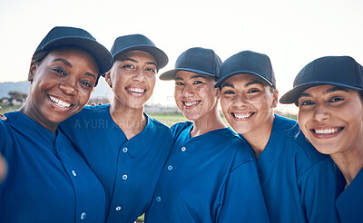 Buy stock photo Women, team portrait and softball, selfie and sports game with fitness, professional and athlete group together. Memory, happy and support, trust and smile in picture, baseball player and outdoor