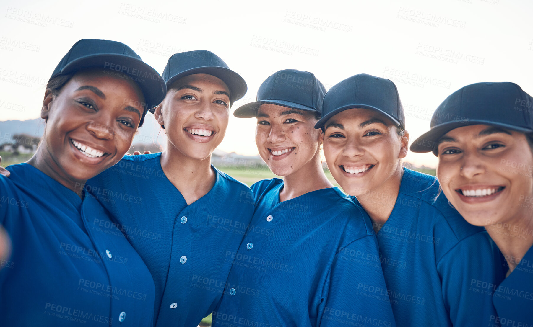 Buy stock photo Women, team portrait and softball, selfie and sports game with fitness, professional and athlete group together. Memory, happy and support, trust and smile in picture, baseball player and outdoor