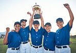 Baseball, trophy and winning team portrait with women outdoor on a pitch for sports competition. Professional athlete or softball player group celebrate champion prize, win or achievement at a game