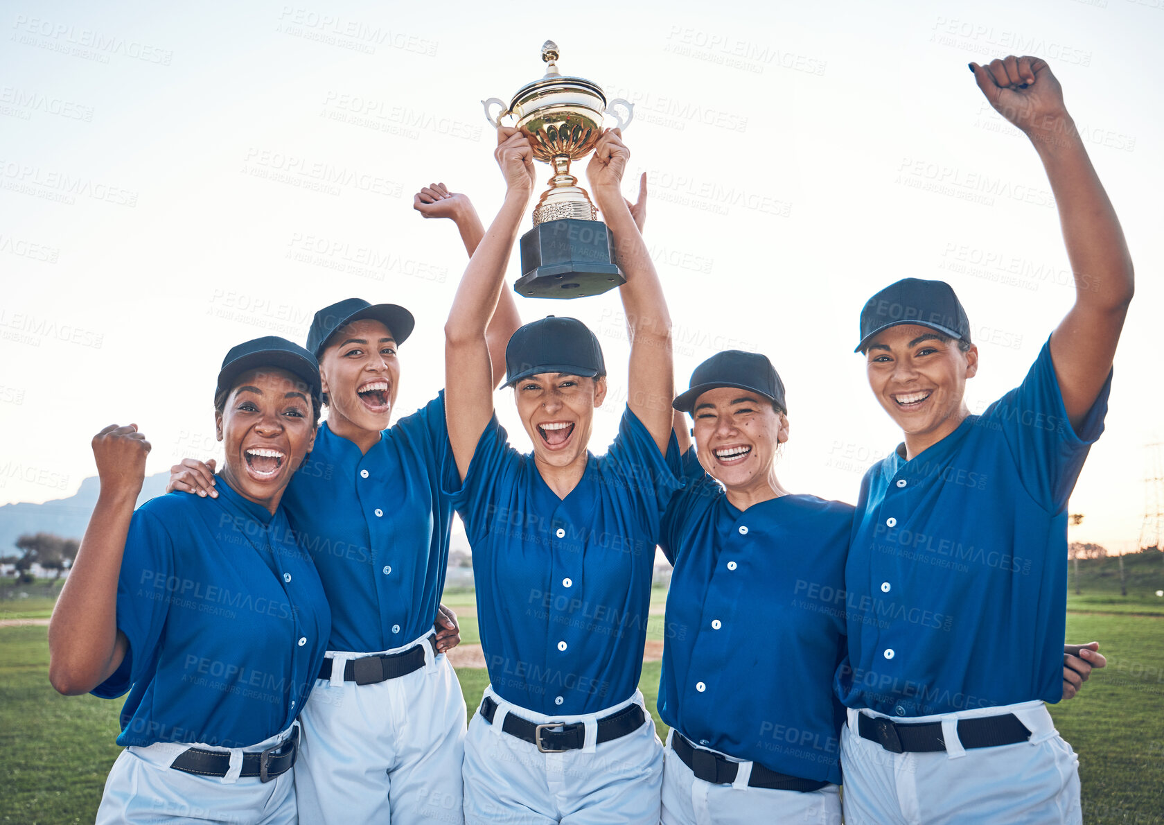 Buy stock photo Baseball, trophy and winning team portrait with women outdoor on a pitch for sports competition. Professional athlete or softball player group celebrate champion prize, win or achievement at a game