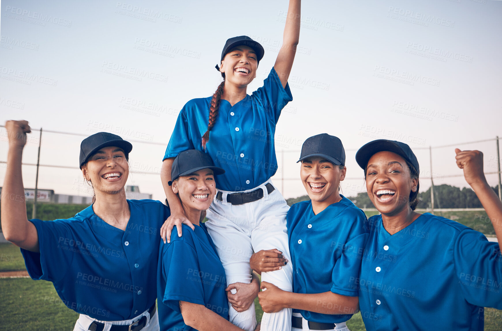 Buy stock photo Baseball player, team and celebrate win portrait of women outdoor on a pitch for sports competition. Professional athlete or softball group with success, winning fist or achievement at a game