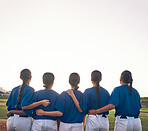 Women, team and softball, sports and support, fitness and back view with mockup space and athlete group together. Sunset, sky and solidarity, trust and exercise with baseball player people outdoor