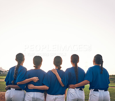 Buy stock photo Women, team and softball, sports and support, fitness and back view with mockup space and athlete group together. Sunset, sky and solidarity, trust and exercise with baseball player people outdoor