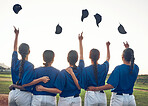 Baseball player, team and celebrate win outdoor with women on a pitch for sports competition. Behind professional athlete or softball group with success, winning or achievement and throw cap at game