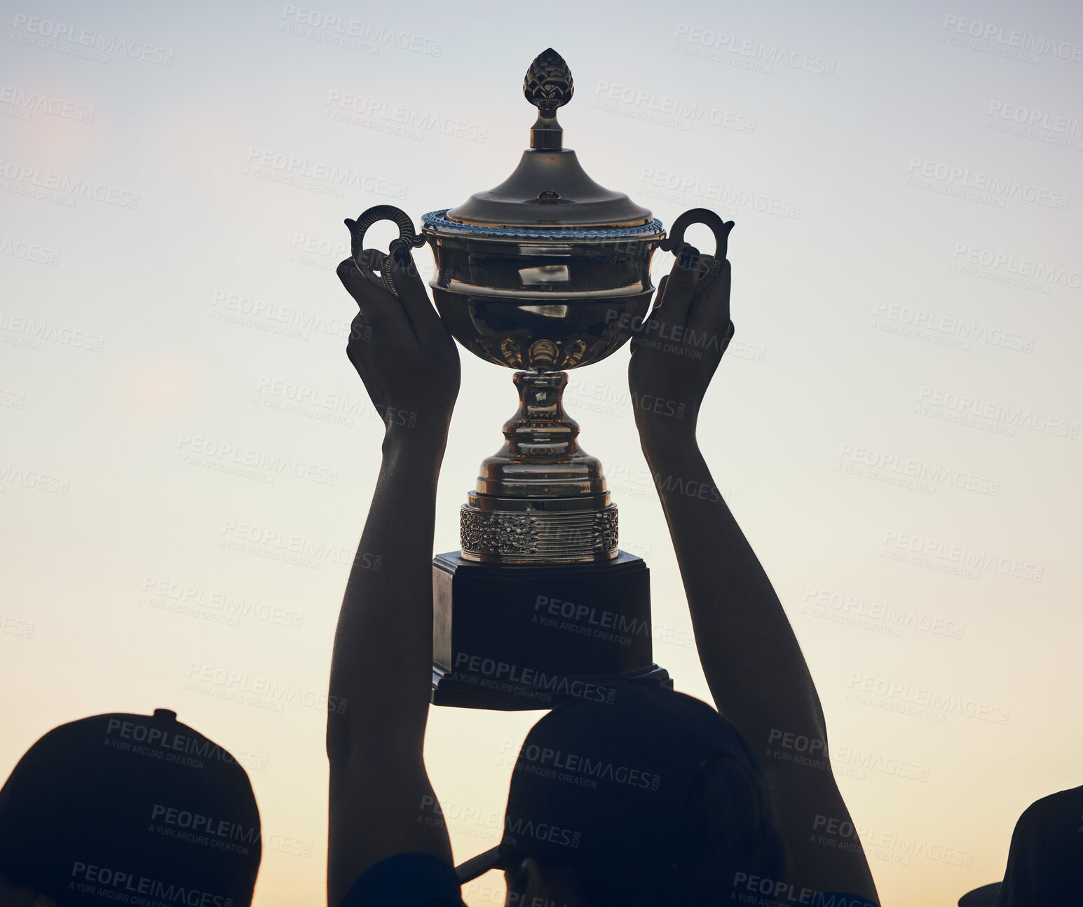 Buy stock photo Sunset, trophy in hands and silhouette and team with sports, athlete group and people outdoor with celebration. Winning, club and success with prize, reward and bonus, sky and support and achievement