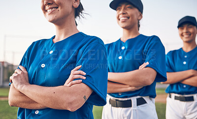 Buy stock photo Softball, competition and women team proud or ready for outdoor sports match or game for academy together. Respect, teamwork and players in solidarity for Mexico training and workout on field