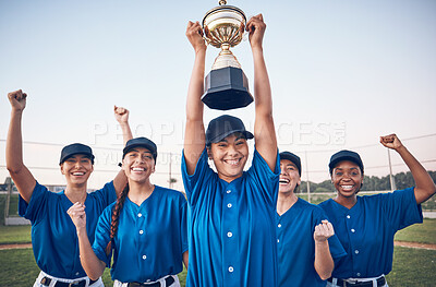 Buy stock photo Trophy, baseball and winning team portrait with women outdoor on a pitch for sports competition. Professional athlete or softball player group celebrate champion prize, win or achievement at a game