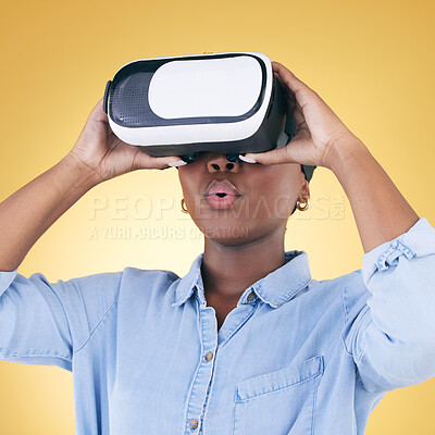 Buy stock photo Black woman, surprise and virtual reality, metaverse and futuristic technology isolated on yellow background. VR goggles, wow and experience, digital world and gaming with cyber software in a studio