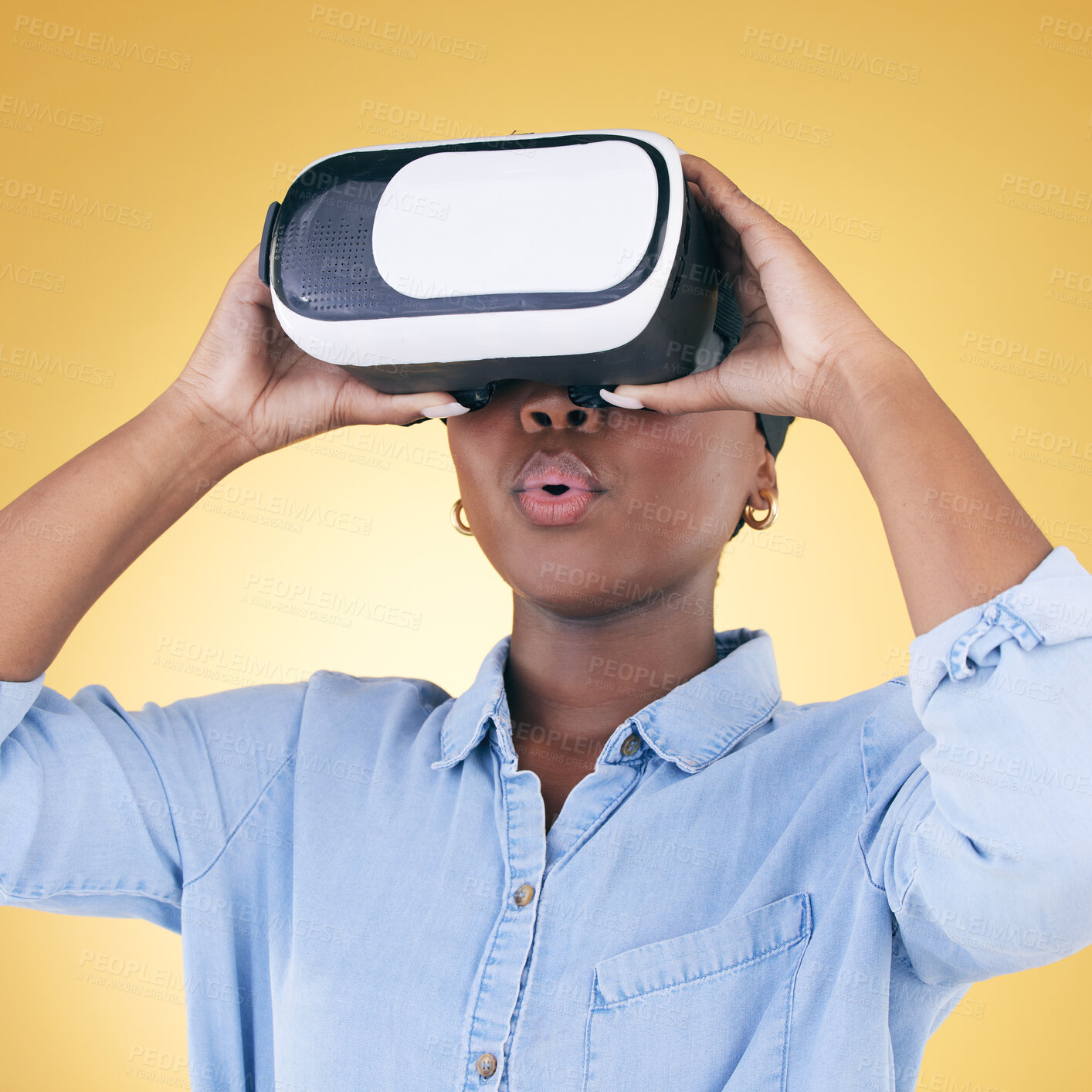 Buy stock photo Black woman, surprise and virtual reality, metaverse and futuristic technology isolated on yellow background. VR goggles, wow and experience, digital world and gaming with cyber software in a studio
