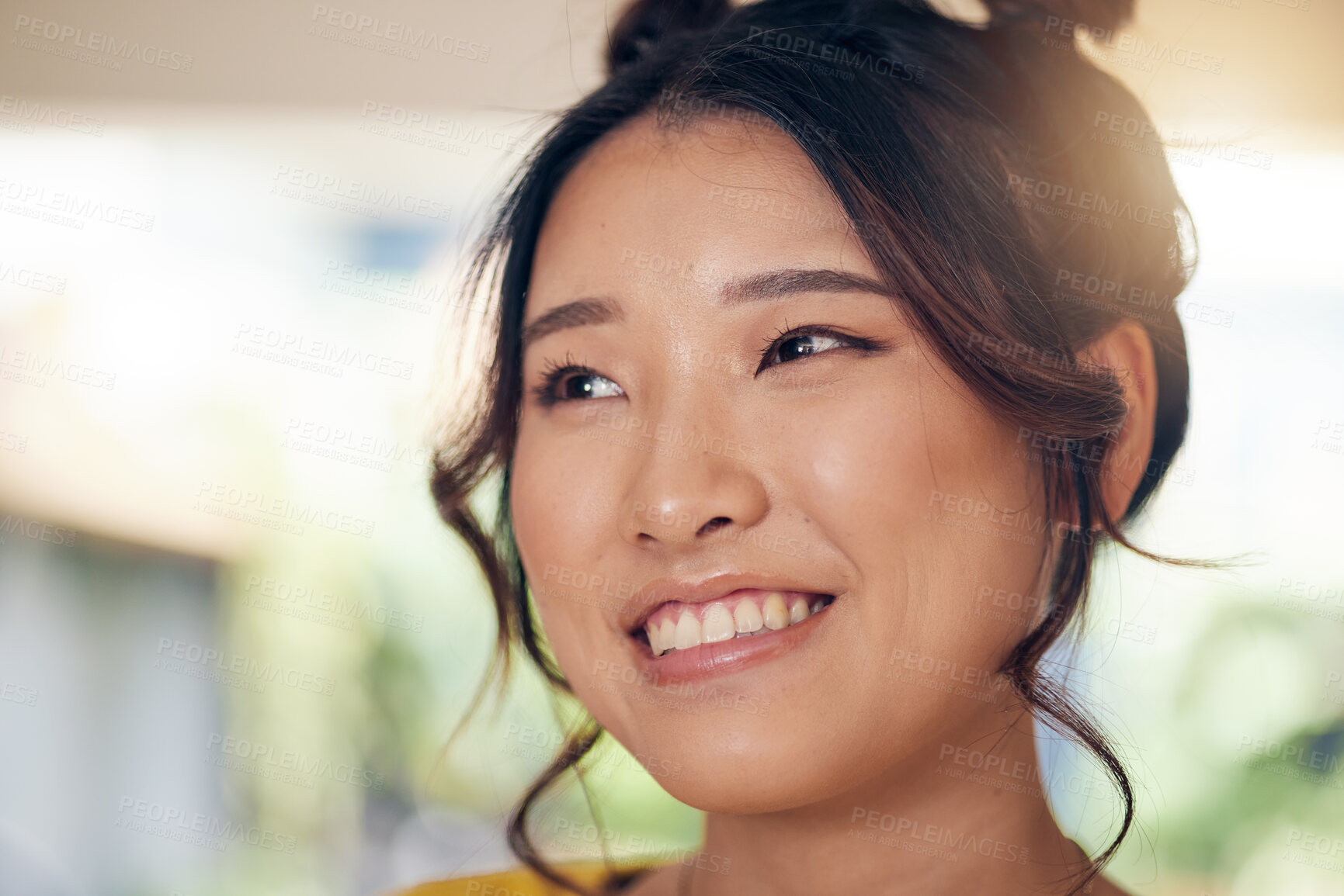 Buy stock photo Thinking, smile and an Asian woman in a house to relax with an idea, comfort and peace. Morning, young and face of a girl or person with happiness, confidence and a break in a home or apartment