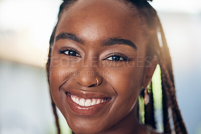 Buy stock photo Smile, face and portrait of a young black woman with makeup, happiness and positive attitude. Closeup of a person with freedom, motivation and confidence to relax at home in Africa