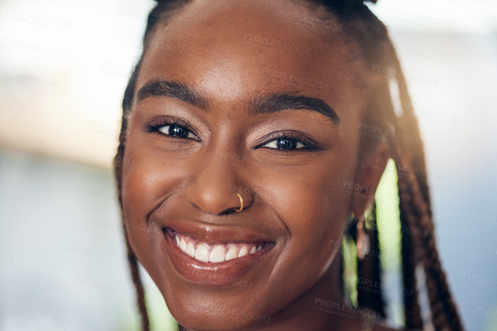 Buy stock photo Smile, face and portrait of a young black woman with makeup, happiness and positive attitude. Closeup of a person with freedom, motivation and confidence to relax at home in Africa