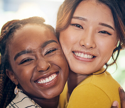 Buy stock photo Face, happy and lesbian couple hug in home, bonding and having fun together. Portrait smile, gay and women embrace in love, care or respect, trust and support in commitment, loyalty and interracial