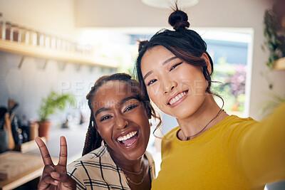 Buy stock photo Happy, friends and selfie with women and peace sign for social media, relax and diversity. Smile, happiness and profile picture with portrait of people at home for content creator and influencer