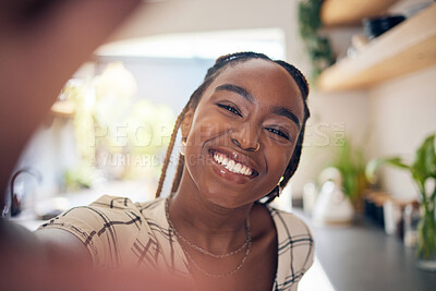 Buy stock photo Smile, selfie and face of a young black woman for social media, happiness or positive attitude. Portrait of African person with freedom, motivation and confidence to relax at home for profile picture