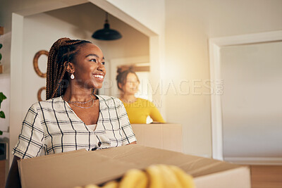 Buy stock photo Black woman, vision and new home with cardboard boxes moving and property investment. Happy face, smile and couple of friends excited with lounge package for real estate in living room with future