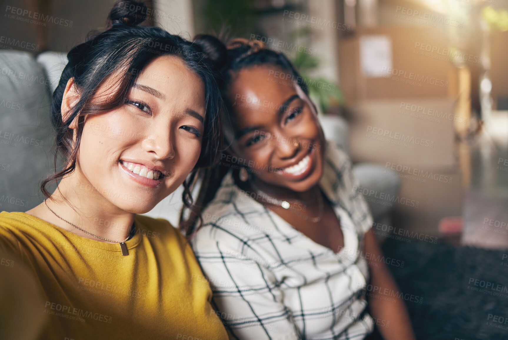 Buy stock photo Relax, friends and selfie with women in living room for social media, happy and diversity. Smile, happiness and profile picture with portrait of people at home for content creator and influencer