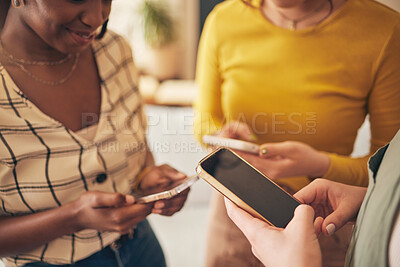 Buy stock photo Hands, phone screen and women, typing in chat and friends relax at home, social media and communication. Technology, mobile app and online with internet search, people texting and email with network