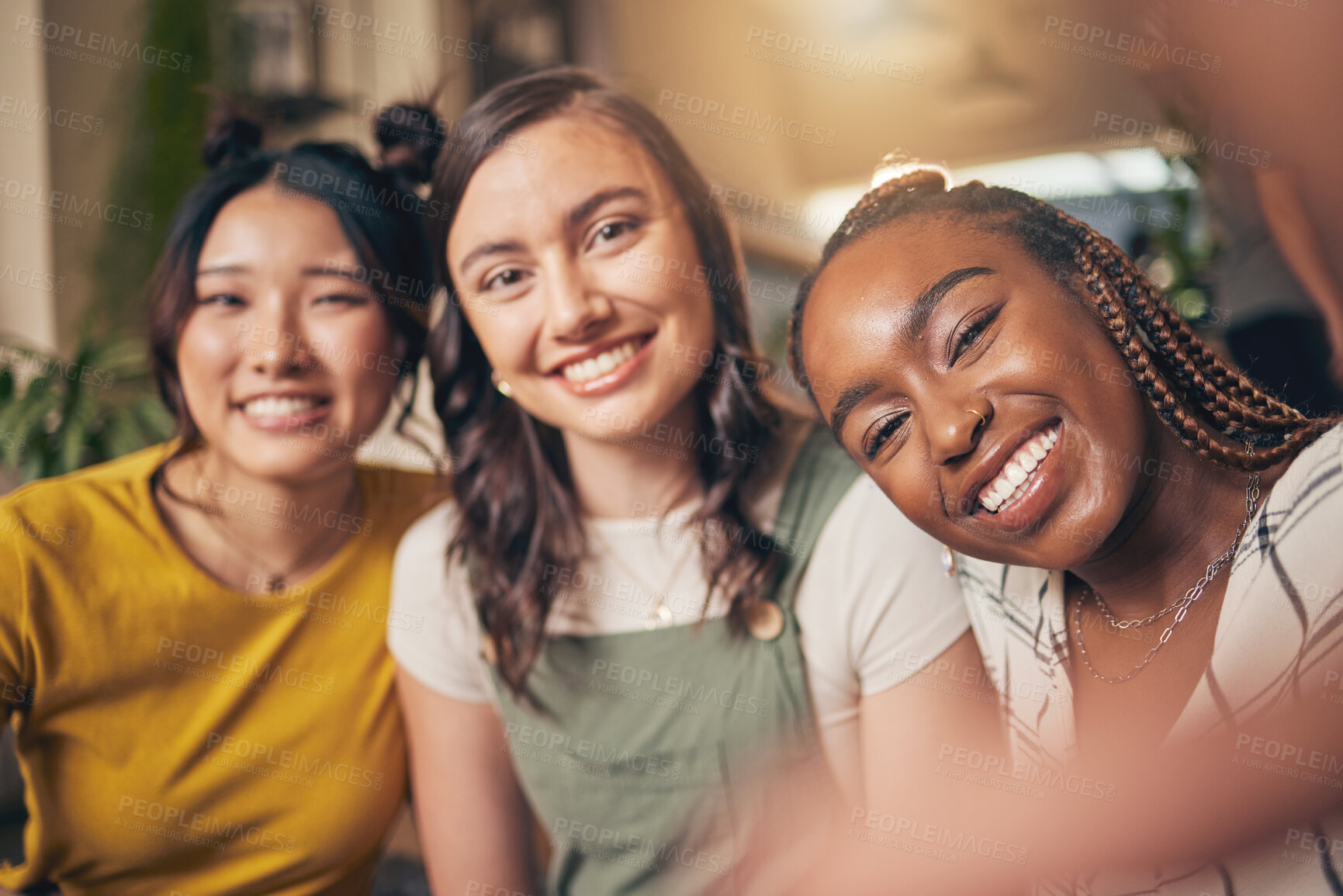 Buy stock photo Diversity, friends and happy with women and selfie for social media, relax and post. Smile, happiness and profile picture with portrait of people at home for content creator and influencer together