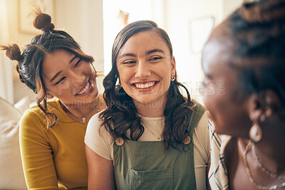 Buy stock photo Girl friends, happy conversation and home with care, bonding or connection in living room on holiday. Gen z women, students and relax together in lounge, apartment and chat with smile, talk or memory