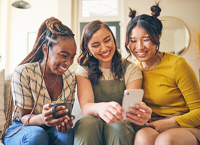Buy stock photo Happy, women with funny meme and smartphone, friends relax at home with social media and communication. Gen z, happiness and comedy online, chat and using phone with people on couch, app and tech
