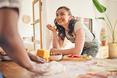 Buy stock photo Food, cooking and friends in a kitchen happy, fun and bond on the weekend in house. Brunch, meal and group of people together with flour for pizza, pasta or handmade, dinner and conversation at home