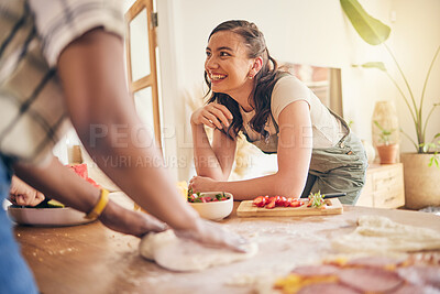 Buy stock photo Food, friends and cooking in kitchen happy, fun and bond on the weekend in house. Brunch, meal and group of people together with flour for pizza, pasta or handmade, dinner and conversation at home